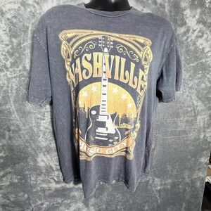 Lotus Fashion Mens Nashville Music City T-Shirt L Gray Graphic Guitar Faded‎